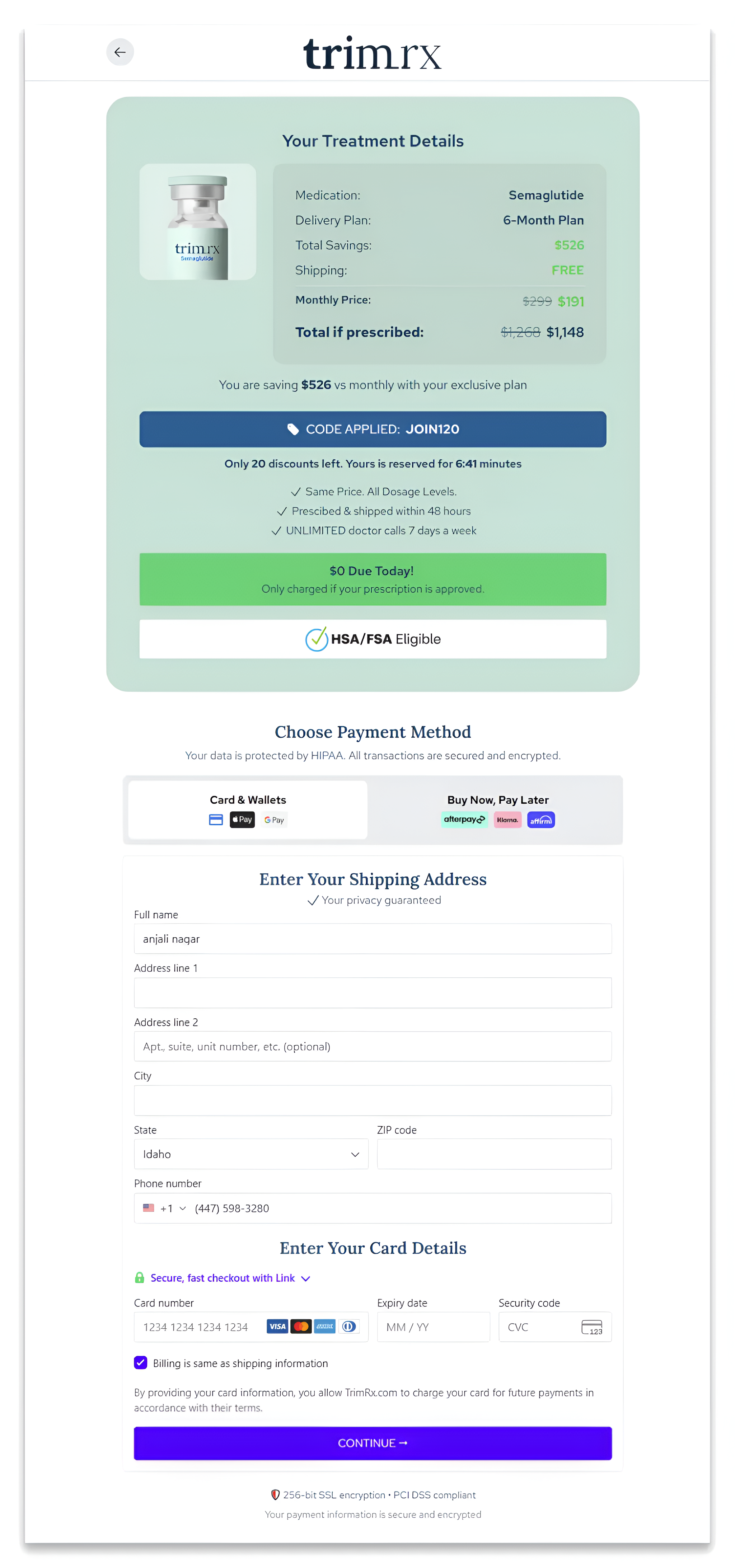 checkout page of trim rx